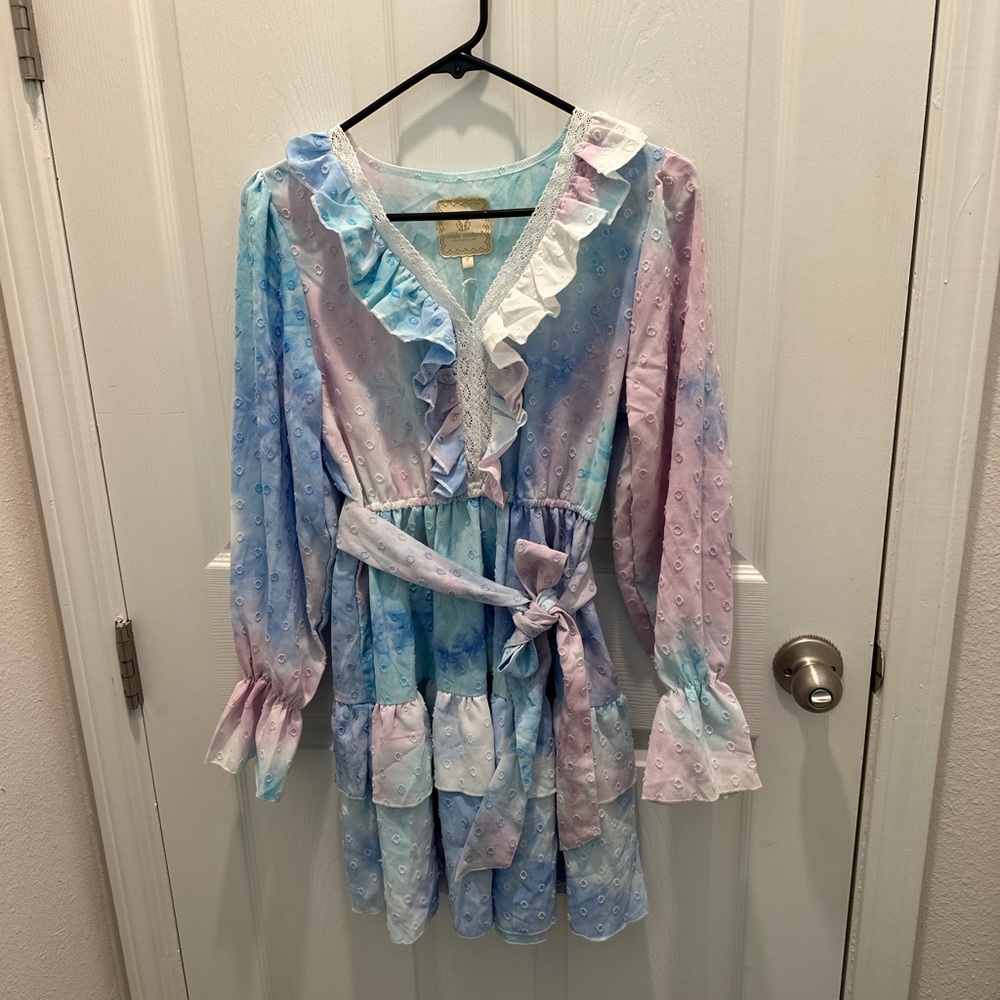 Simply Southern Pastel Tie-Dye Eyelet Ruffle Dress with Waist Tie